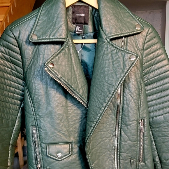 Forever 21 Green Leather Biker Jacket Size S NWOT - Picture 3 of 9